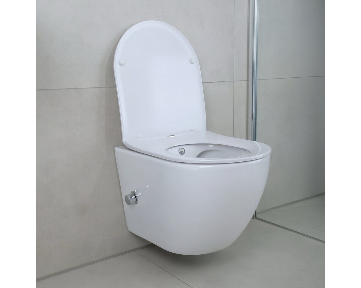 Belvit Dusch-WC Toilette mit integriertem Bidet, mit Warm- & Kaltwasser, ohne Spülrand, WC ohne Deckel, mit Anschlussmaterial und Edelstahl-Verschlauchung, robu – Bild 3 von 5