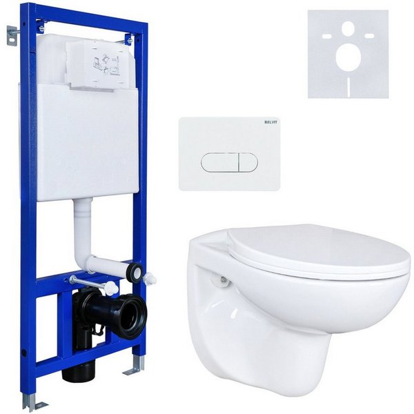 Belvit Tiefspül-WC Komplett Set WC Vorwandelement Spülkasten Hänge Betätigungsplatte Soft, Wandmontage, Abgang Wand, Belvit Komplettset Wand Hänge WC Spülrandlo