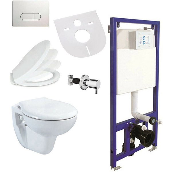 Belvit WC-Komplettset mit Vorwandelement, spülrandloses Taharet mit Softclose Deckel, (Spar-Set), Hygienedusche/Taharet
