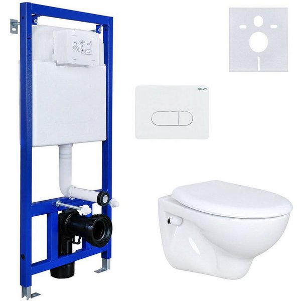 Belvit WC-Komplettset mit Vorwandelement, WC (Softclose-Sitz) & Betätigungsplatte, vormontiertes Vorwandelement (höhenverstellbar), (selbsttragendes System 1-St