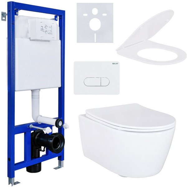 Belvit WC-Komplettset mit Wand-WC in schwarz & weiß, Vorwandelement & Soft-Close WC-Sitz, Unterputz Spülkasten, (Spar-Set), Vormontiert, Stahlrahmen, höhenverst