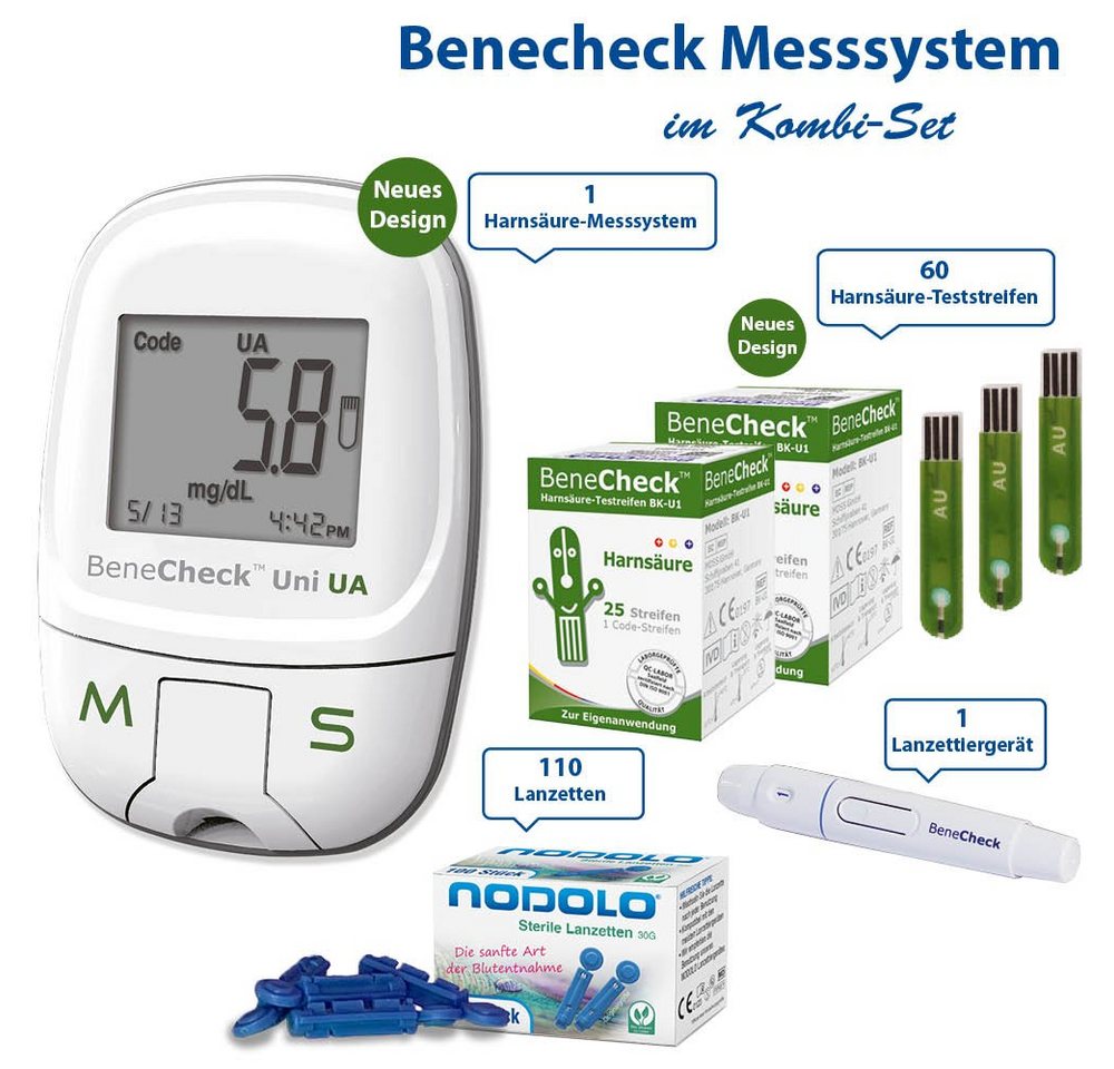 BeneCheck Harnsäure-Messgerät Premium, Harnsäuremessgerät komplettset, Ink. 60 Tetsteifen, 110 Lanzetten und Lanzettiergerät, Gicht Behandlung – Bild 2 von 3