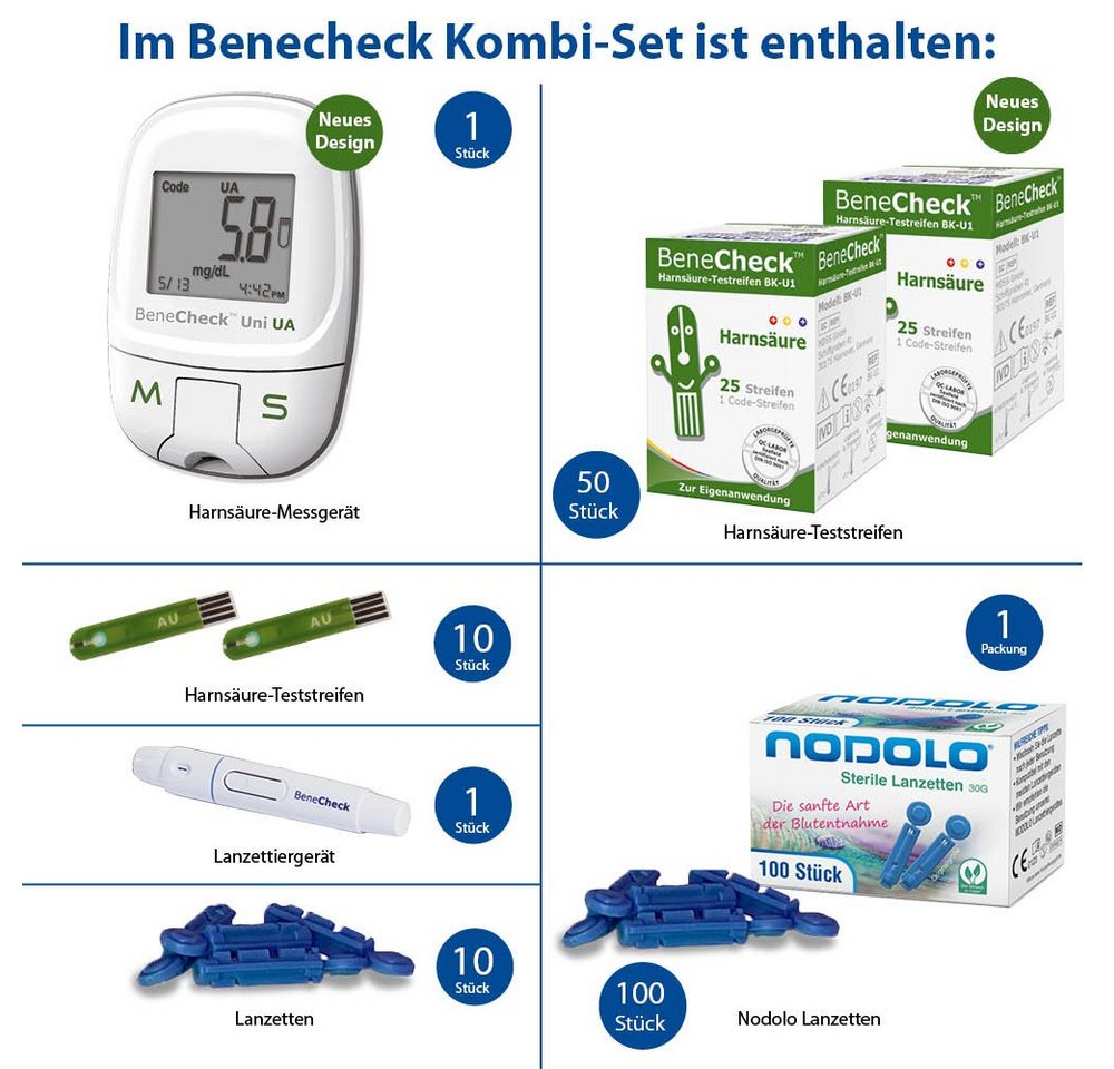 BeneCheck Harnsäure-Messgerät Premium, Harnsäuremessgerät komplettset, Ink. 60 Tetsteifen, 110 Lanzetten und Lanzettiergerät, Gicht Behandlung – Bild 3 von 3