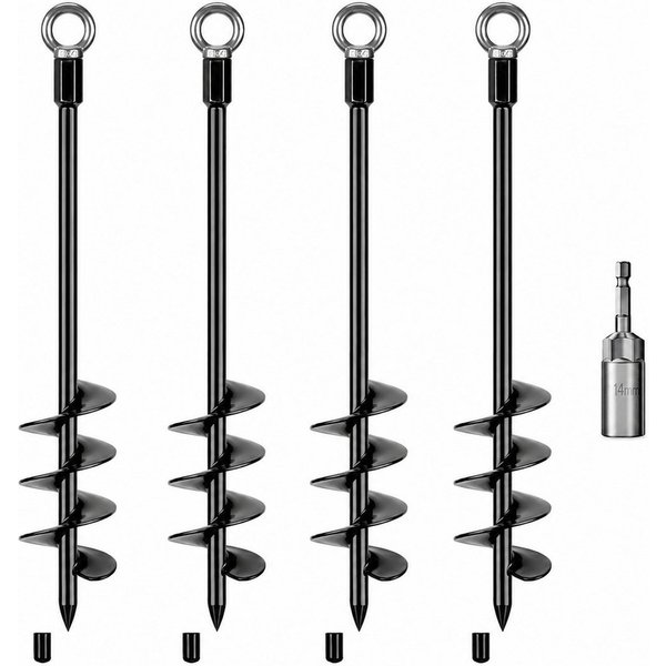 BeneLabel Bodenanker 61cm, 4 Stück, schwarz, Einschraubbare Erdnägel mit 14mm Adapter, zum Eindrehen, (4-St), für Trampolin, Schaukel, Zelt, Carport & Slackline