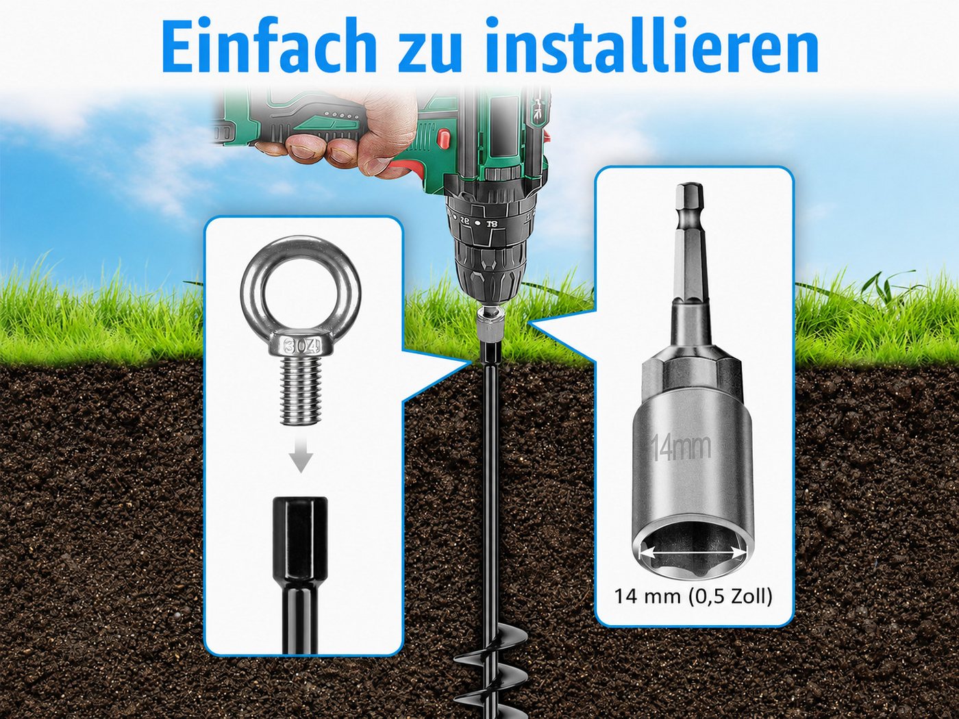 BeneLabel Bodenanker 61cm, 4 Stück, schwarz, Einschraubbare Erdnägel mit 14mm Adapter, zum Eindrehen, (4-St), für Trampolin, Schaukel, Zelt, Carport & Slackline – Bild 5 von 5