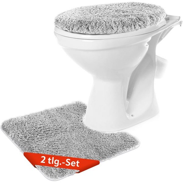 Benkstein Badematte Set 2-teilig, rutschfest, pflegeleicht, maschinenwaschbar, WC Vorleger + WC-Deckelbezug, Polyester 1700gr/m2/TPR, Badvorleger und WC Teppich