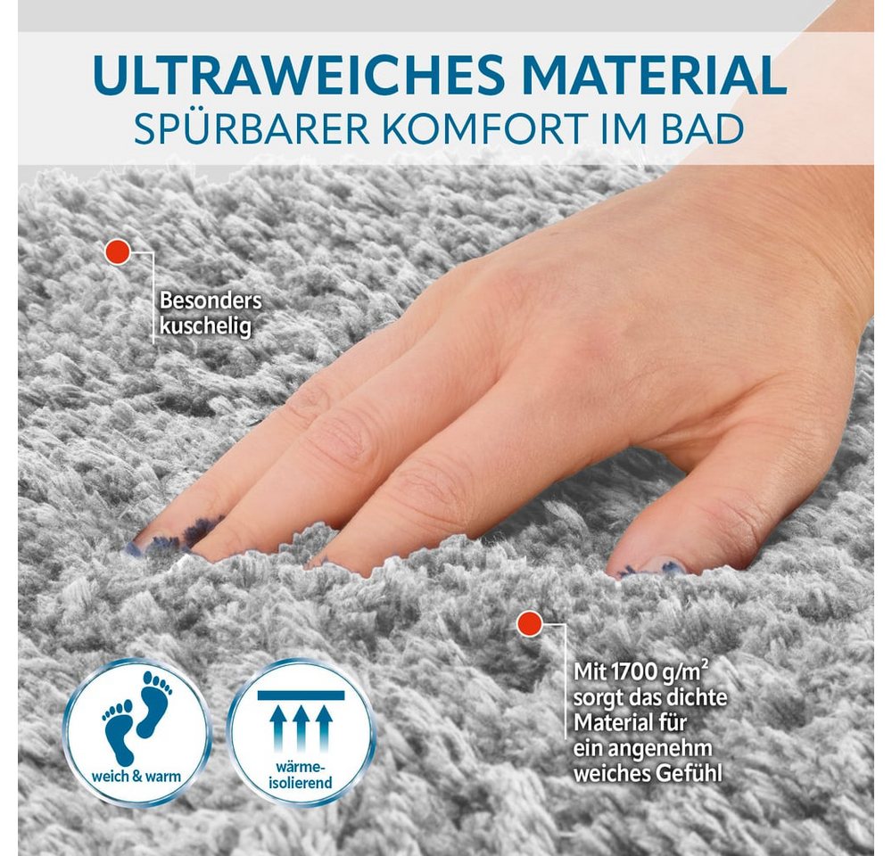 Benkstein Badematte Set 2-teilig, rutschfest, pflegeleicht, maschinenwaschbar, WC Vorleger + WC-Deckelbezug, Polyester 1700gr/m2/TPR, Badvorleger und WC Teppich – Bild 3 von 5