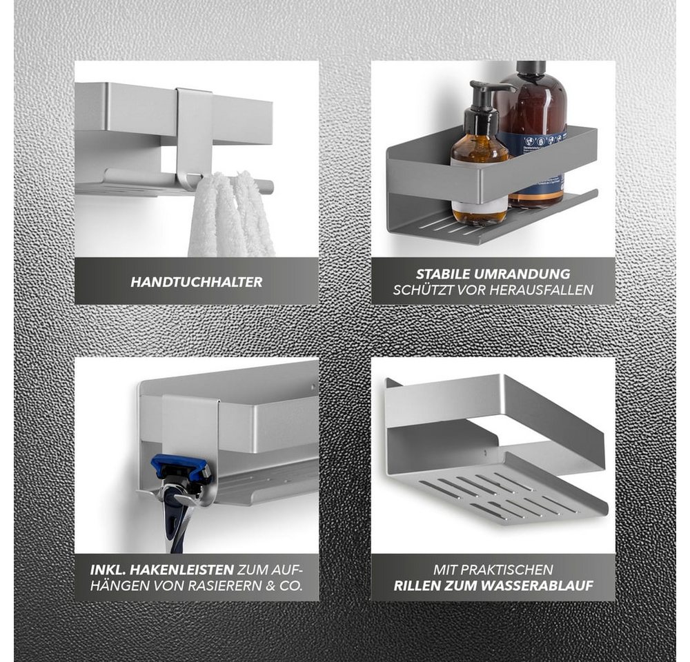 Benkstein Duschablage Dusch-Organizer zum Kleben oder Bohren 2er-Set, 2-tlg., für Shampoo Duschgel etc.mit praktischer Hakenleiste minimalistisch – Bild 2 von 5