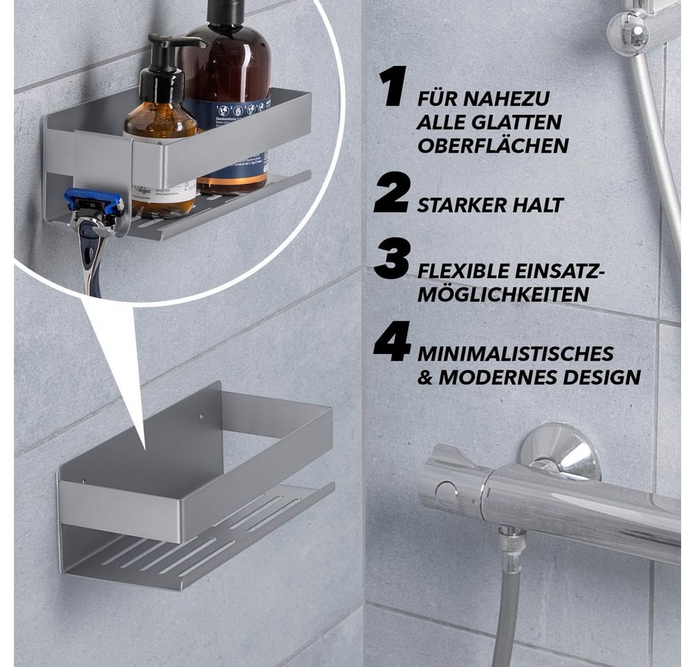 Benkstein Duschablage Dusch-Organizer zum Kleben oder Bohren 2er-Set, 2-tlg., für Shampoo Duschgel etc.mit praktischer Hakenleiste minimalistisch – Bild 3 von 5
