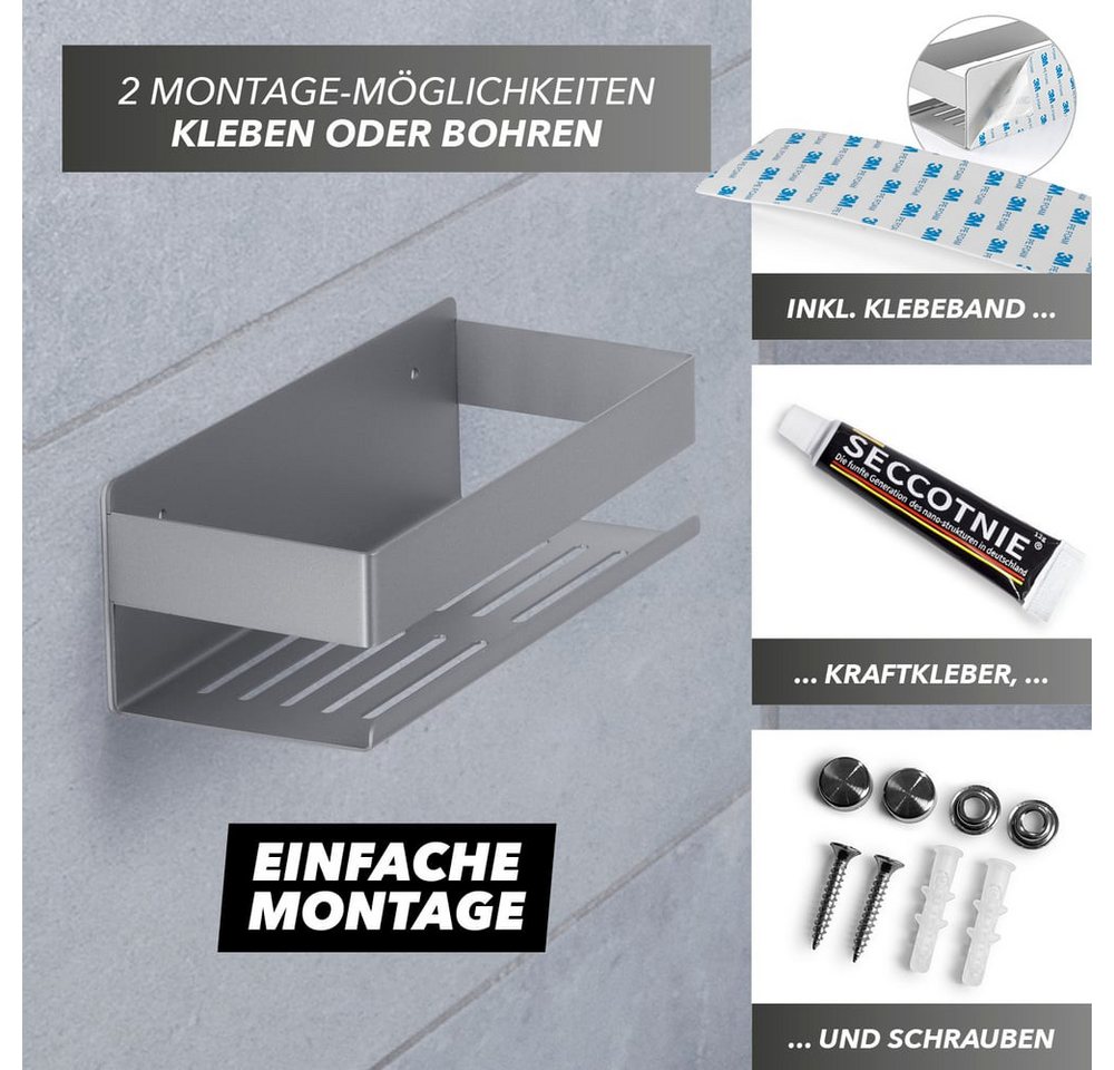 Benkstein Duschablage Dusch-Organizer zum Kleben oder Bohren 2er-Set, 2-tlg., für Shampoo Duschgel etc.mit praktischer Hakenleiste minimalistisch – Bild 4 von 5