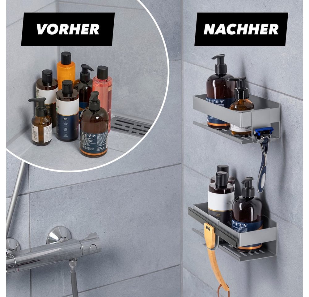 Benkstein Duschablage Dusch-Organizer zum Kleben oder Bohren 2er-Set, 2-tlg., für Shampoo Duschgel etc.mit praktischer Hakenleiste minimalistisch – Bild 5 von 5