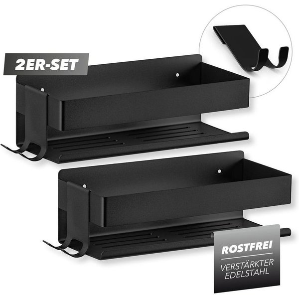 Benkstein Duschablage Dusch-Organizer zum Kleben oder Bohren 2er-Set, 2-tlg., für Shampoo Duschgel etc.mit praktischer Hakenleiste minimalistisch