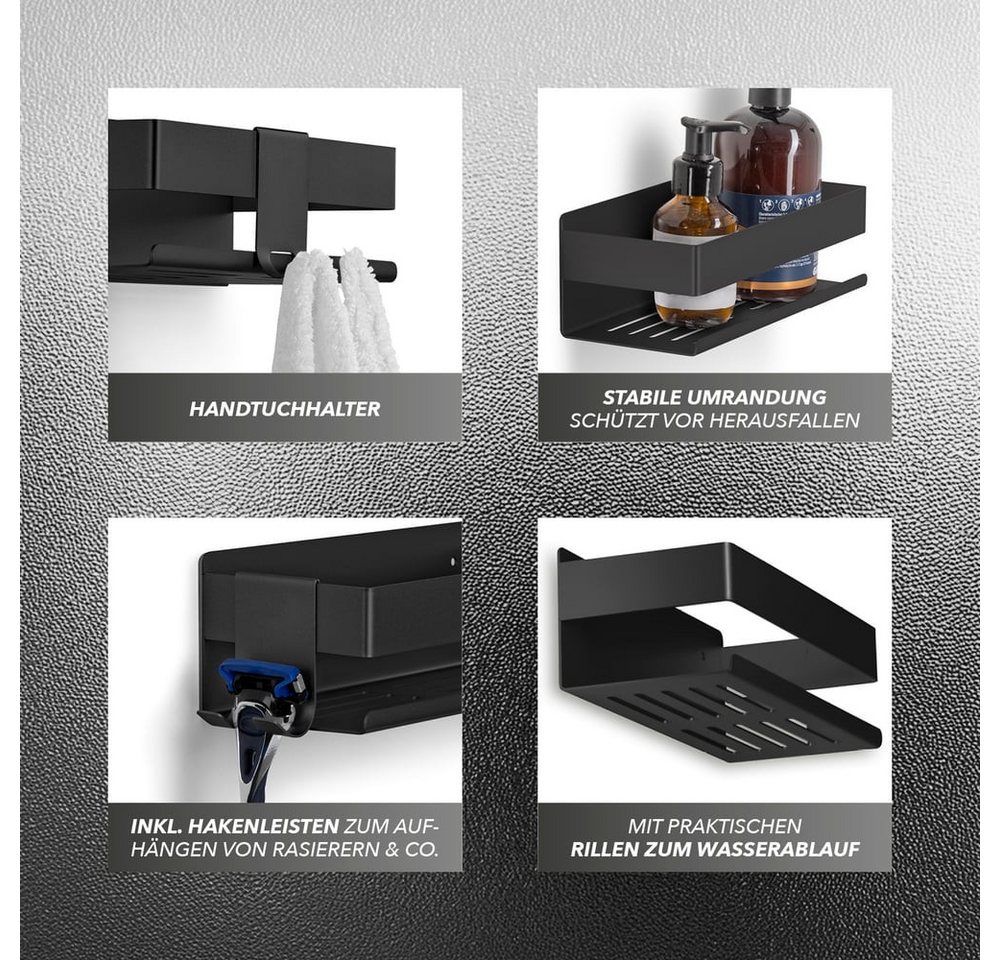 Benkstein Duschablage Dusch-Organizer zum Kleben oder Bohren 2er-Set, 2-tlg., für Shampoo Duschgel etc.mit praktischer Hakenleiste minimalistisch – Bild 2 von 5