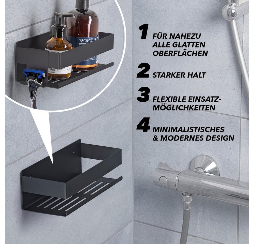 Benkstein Duschablage Dusch-Organizer zum Kleben oder Bohren 2er-Set, 2-tlg., für Shampoo Duschgel etc.mit praktischer Hakenleiste minimalistisch – Bild 3 von 5