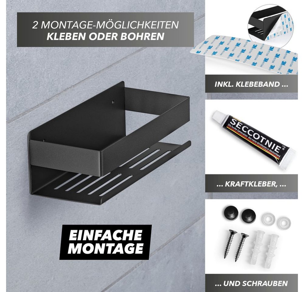 Benkstein Duschablage Dusch-Organizer zum Kleben oder Bohren 2er-Set, 2-tlg., für Shampoo Duschgel etc.mit praktischer Hakenleiste minimalistisch – Bild 4 von 5