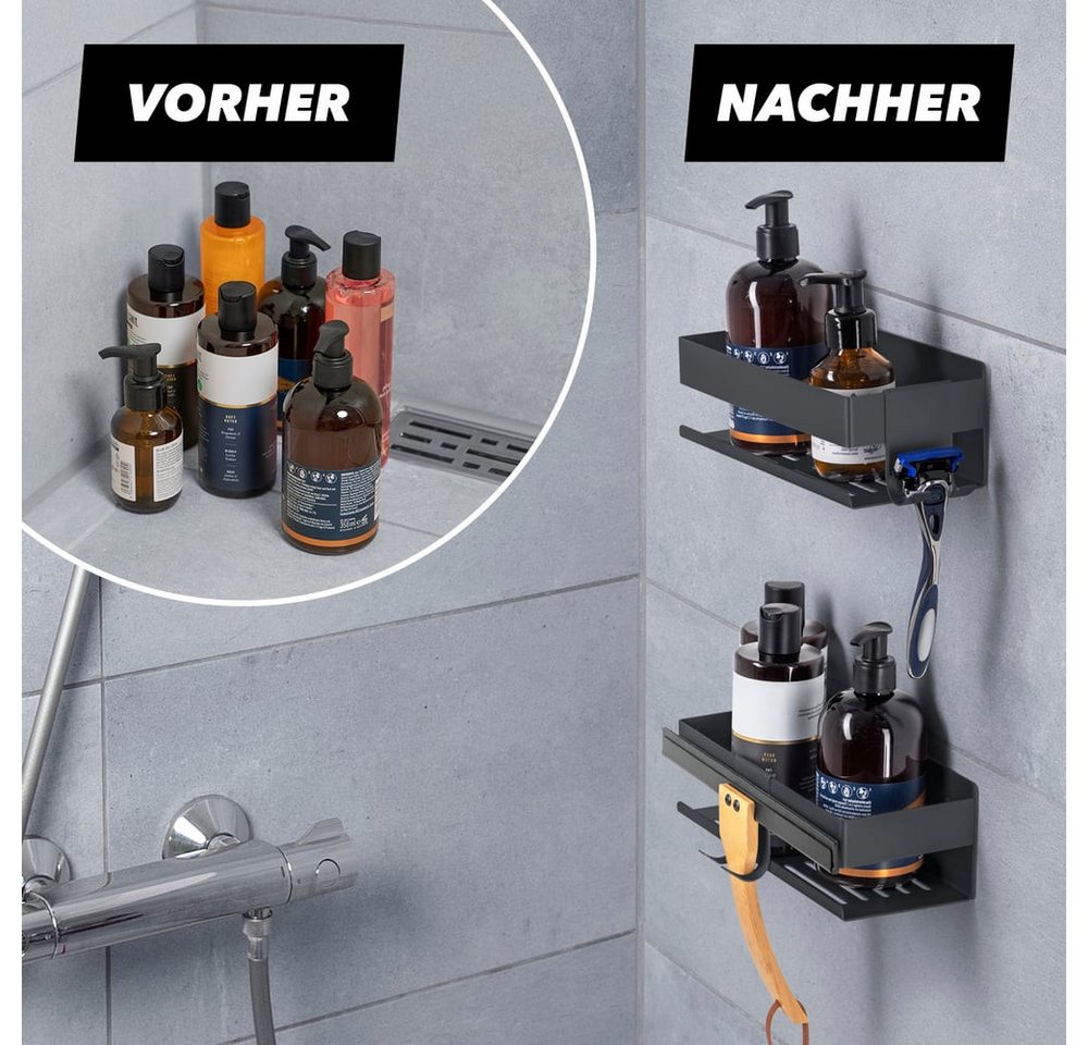 Benkstein Duschablage Dusch-Organizer zum Kleben oder Bohren 2er-Set, 2-tlg., für Shampoo Duschgel etc.mit praktischer Hakenleiste minimalistisch – Bild 5 von 5