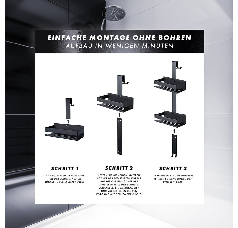 Benkstein Duschablage Duschablage zum Hängen Schwarz, 1-tlg., Duschregal mit 2 Duschkörben Edelstahl – Bild 4 von 5