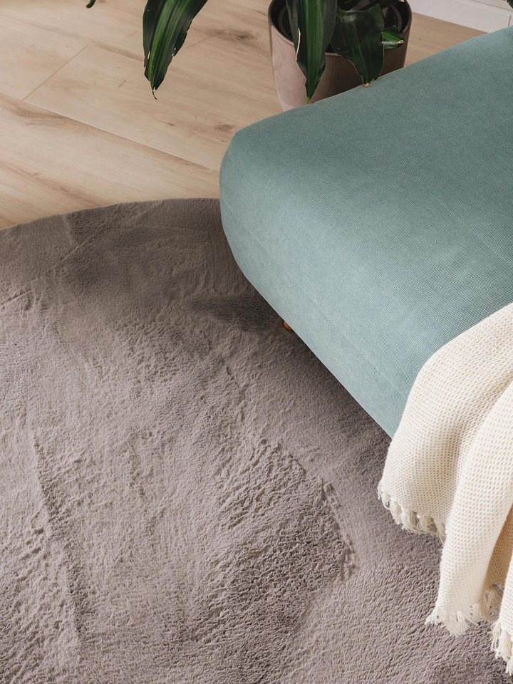 benuta Fellteppich Furry, rund, Höhe: 11 mm, Teppich Wohnzimmer, Esszimmer, Schlafzimmer, Flur, Weich, Rutschfest – Bild 3 von 5