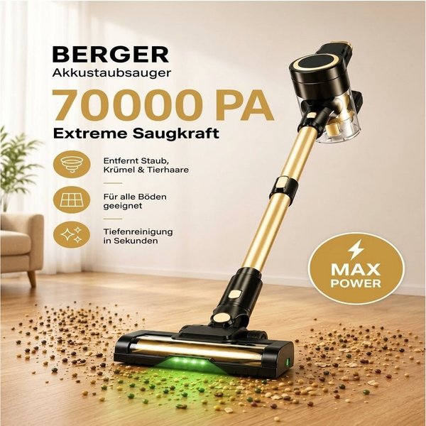 BERGER ELECTRONICS Stielstaubsauger Staubsauger Kabellos, Akku Staubsauger, Akku-Stielstaubsauger, beutellos, 70000 Pa, 60 min Laufzeit, Handstaubsauger