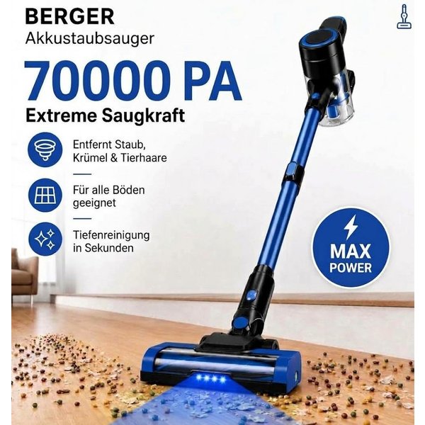 BERGER ELECTRONICS Stielstaubsauger Staubsauger Kabellos, Akku Staubsauger, Akku-Stielstaubsauger, beutellos, 70000 Pa, 60 min Laufzeit, Handstaubsauger