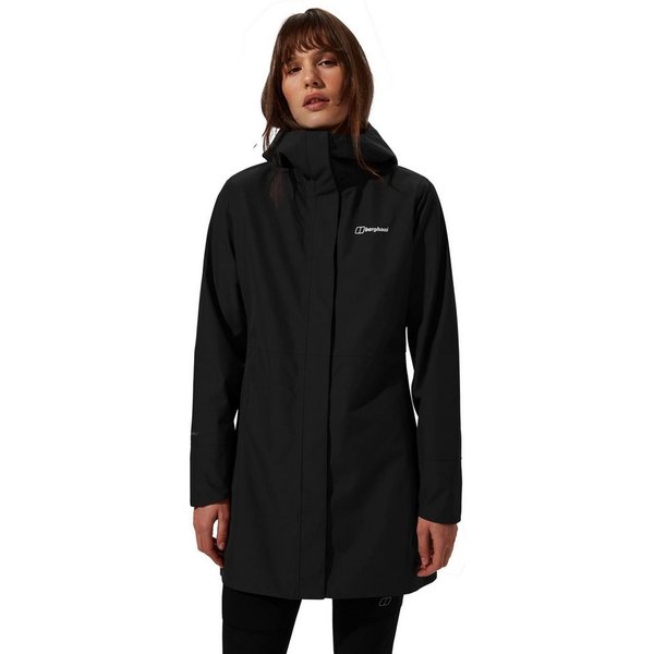 Berghaus Softshelljacke OMEARA LONG SHELL JKT AF mit verstellbarer Kapuze, atmungsaktiv, wasserdicht, lange Passform