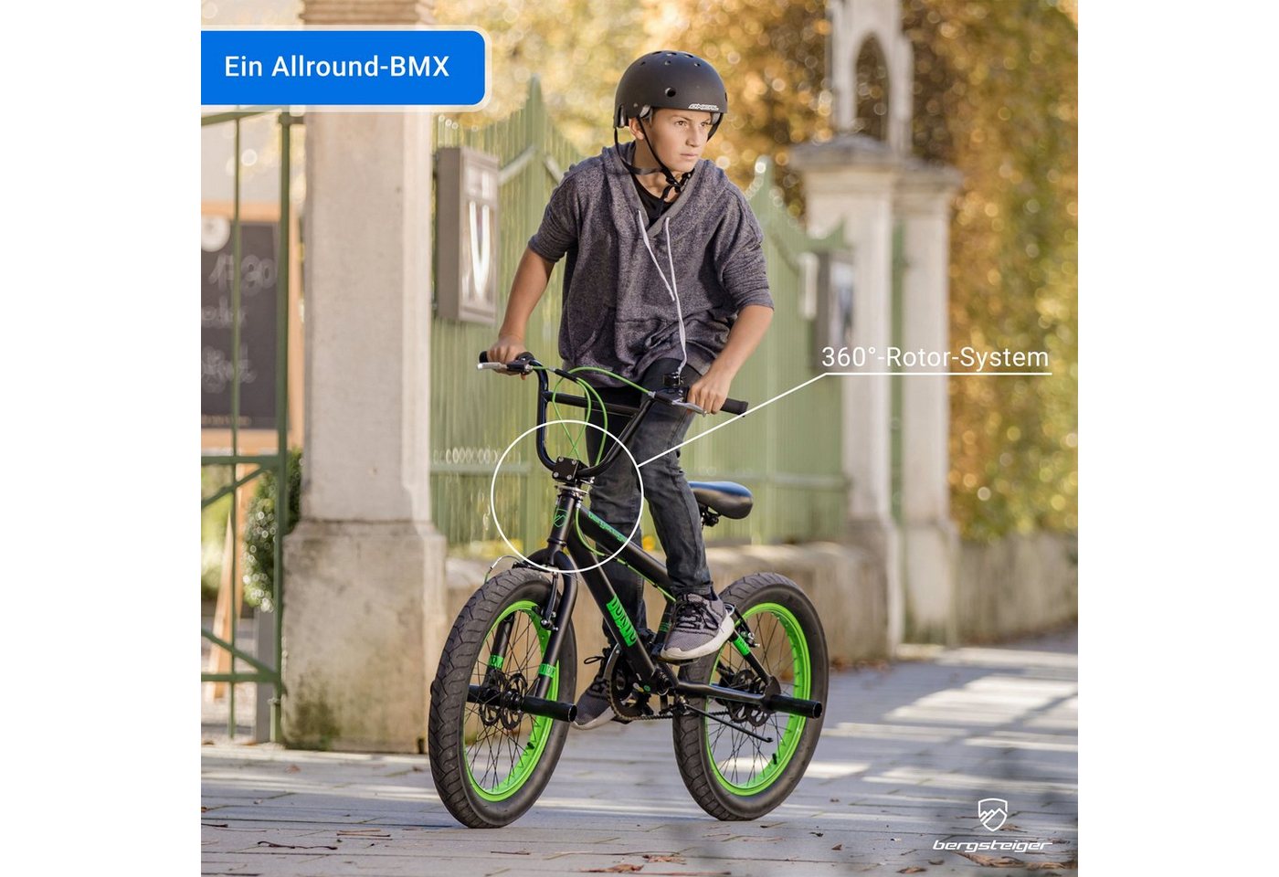 bergsteiger BMX-Rad Tokyo 20 Zoll, Fatbike, 360° Rotor-System, Mädchen, Jungen, 1 Gang, V-Bremsen, Freestyle – Bild 4 von 5