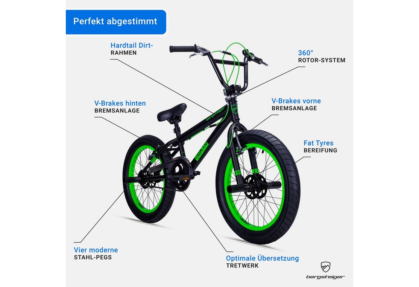 bergsteiger BMX-Rad Tokyo 20 Zoll, Fatbike, 360° Rotor-System, Mädchen, Jungen, 1 Gang, V-Bremsen, Freestyle – Bild 5 von 5