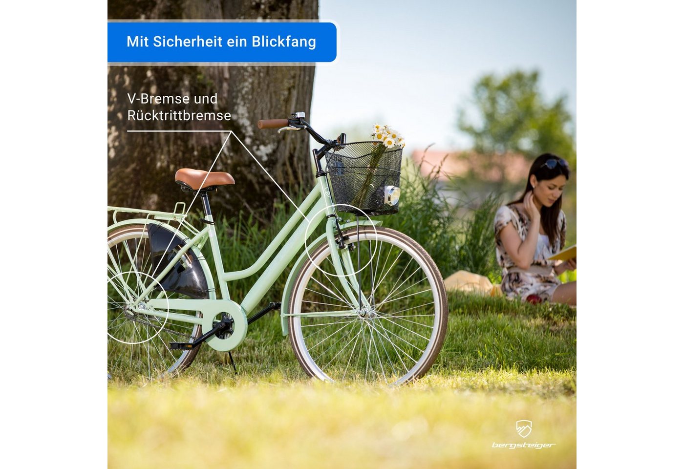 bergsteiger Cityrad Amsterdam 26, 28 Zoll Damenfahrrad, ab 150 cm, Korb, 1 Gang, V-Bremse & Rücktrittbremse – Bild 4 von 5