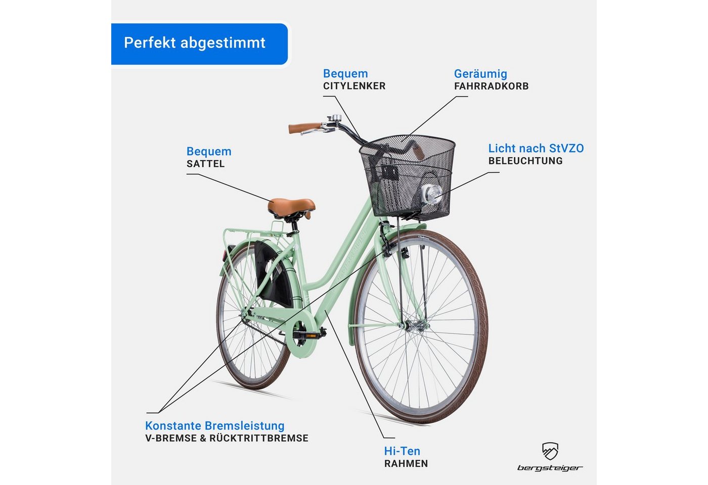 bergsteiger Cityrad Amsterdam 26, 28 Zoll Damenfahrrad, ab 150 cm, Korb, 1 Gang, V-Bremse & Rücktrittbremse – Bild 5 von 5