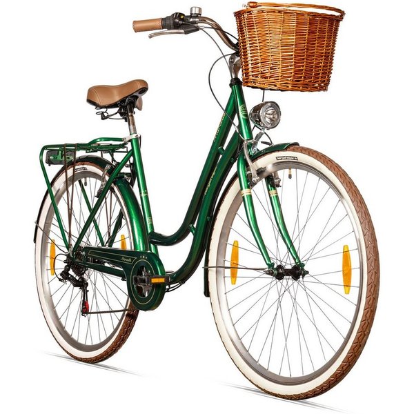 bergsteiger Cityrad Marseille 26 Zoll, 28 Zoll Damenfahrrad, ab 150 cm, Korb aus Rattan, 6 Gang, Kettenschaltung, V-Bremsen