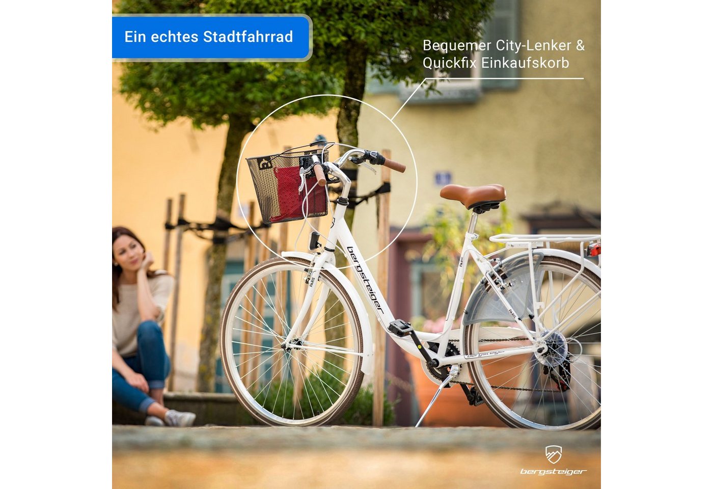 bergsteiger Cityrad Paris 26 Zoll, 28 Zoll Damenfahrrad, ab 140 cm, Korb, Licht, 6 Gang Shimano Tourney RD-TZ50 Schaltwerk, Kettenschaltung, V-Bremsen – Bild 2 von 5