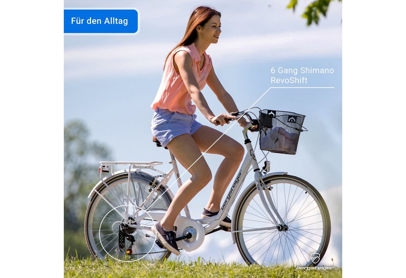 bergsteiger Cityrad Paris 26 Zoll, 28 Zoll Damenfahrrad, ab 140 cm, Korb, Licht, 6 Gang Shimano Tourney RD-TZ50 Schaltwerk, Kettenschaltung, V-Bremsen – Bild 3 von 5