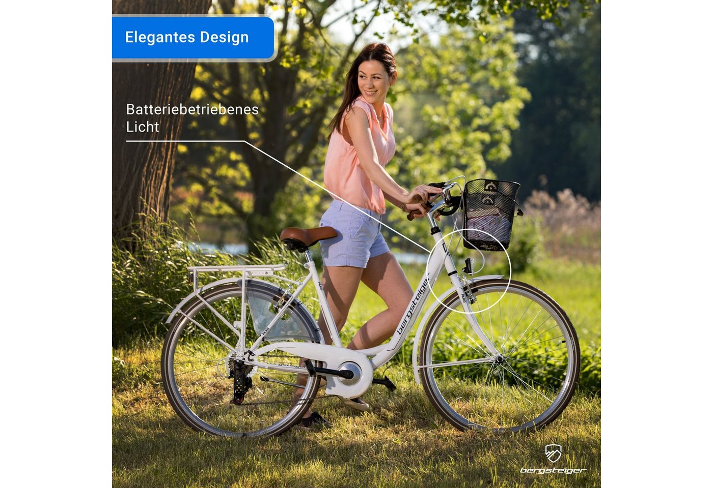 bergsteiger Cityrad Paris 26 Zoll, 28 Zoll Damenfahrrad, ab 140 cm, Korb, Licht, 6 Gang Shimano Tourney RD-TZ50 Schaltwerk, Kettenschaltung, V-Bremsen – Bild 4 von 5