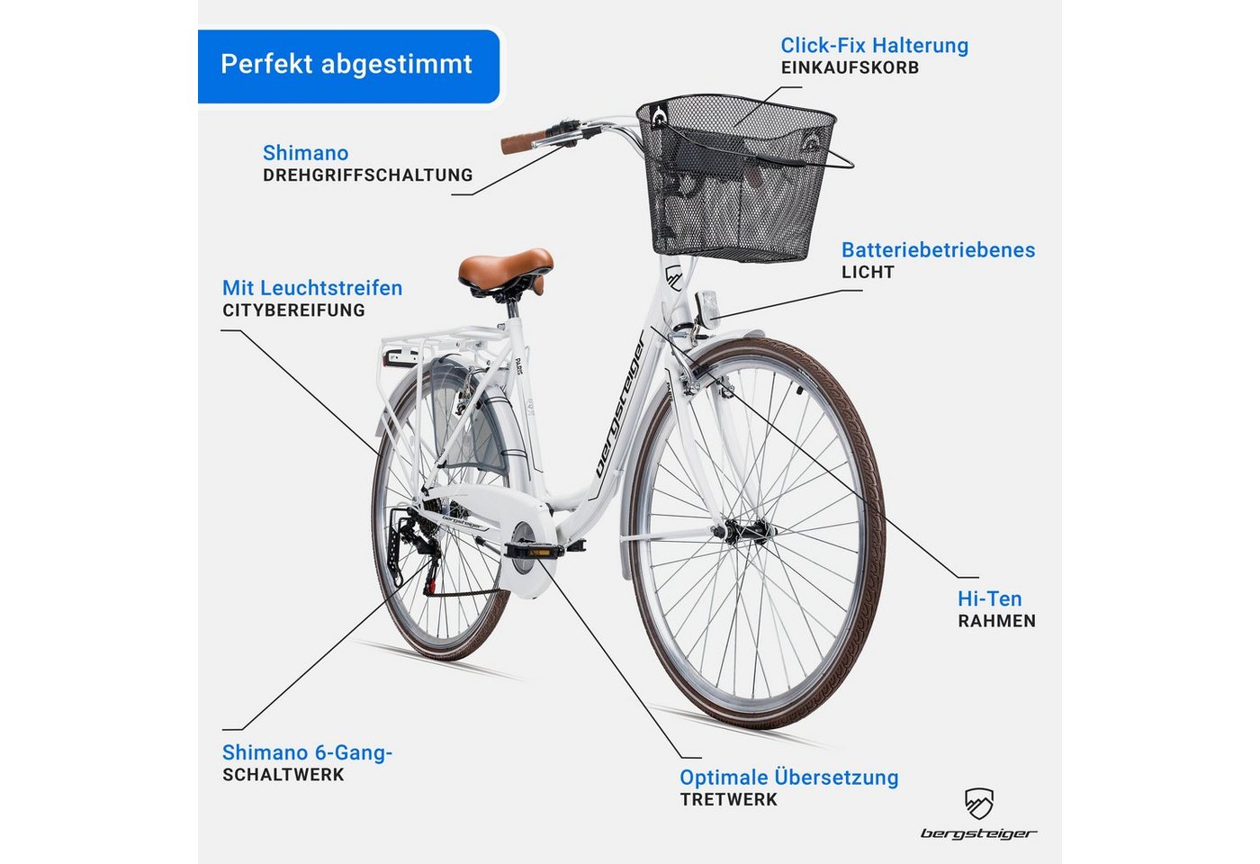 bergsteiger Cityrad Paris 26 Zoll, 28 Zoll Damenfahrrad, ab 140 cm, Korb, Licht, 6 Gang Shimano Tourney RD-TZ50 Schaltwerk, Kettenschaltung, V-Bremsen – Bild 5 von 5