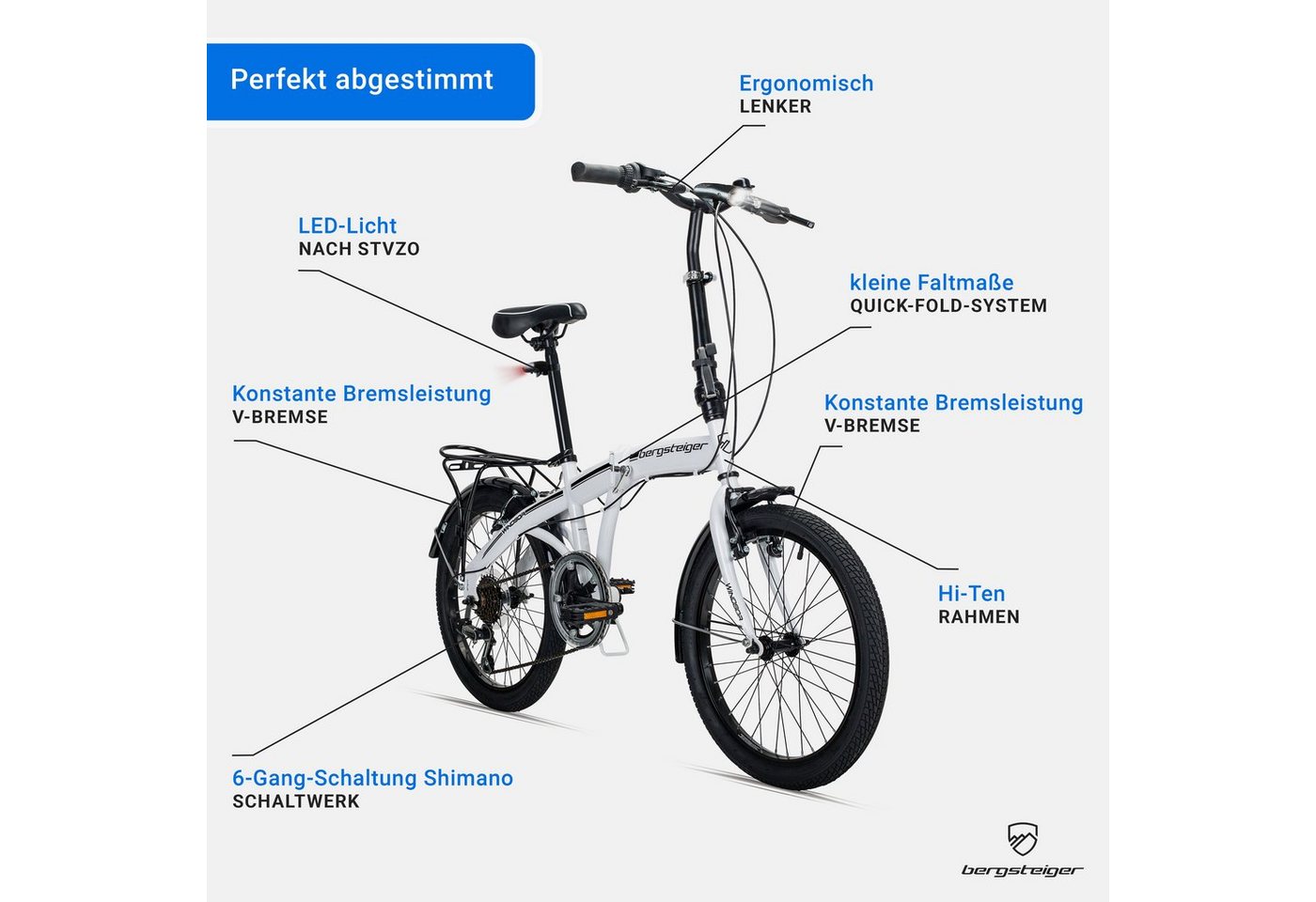 bergsteiger Faltrad Windsor 20 Zoll, Klapprad, Shimano 6 Gang-Schaltung, Damen, Herren, 6 Gang Shimano Tourney RD-TY21 Schaltwerk, Kettenschaltung, V-Bremsen – Bild 5 von 5