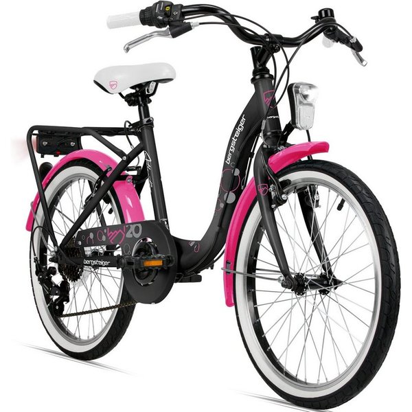 bergsteiger Kinderfahrrad Atlantis 20, 24 Zoll Mädchenfahrrad, 6 - 11 Jahre, StVZO, 6 Gang Shimano Tourney RD-TY300 Schaltwerk, Kettenschaltung, V-Bremse