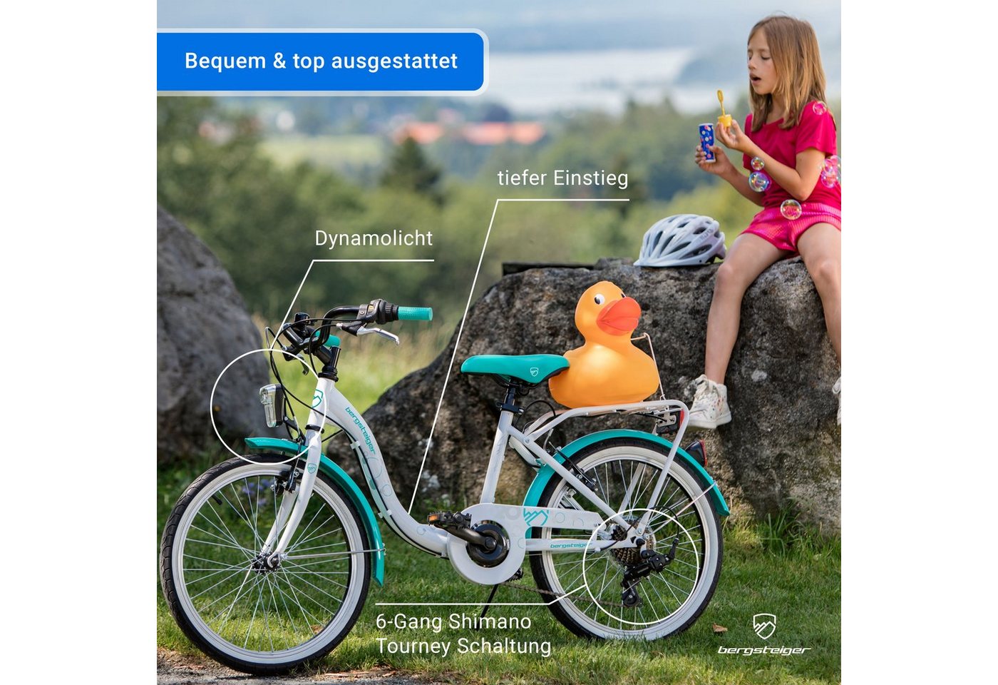 bergsteiger Kinderfahrrad Atlantis 20, 24 Zoll Mädchenfahrrad, 6 - 11 Jahre, StVZO, 6 Gang Shimano Tourney RD-TY300 Schaltwerk, Kettenschaltung, V-Bremse – Bild 3 von 5