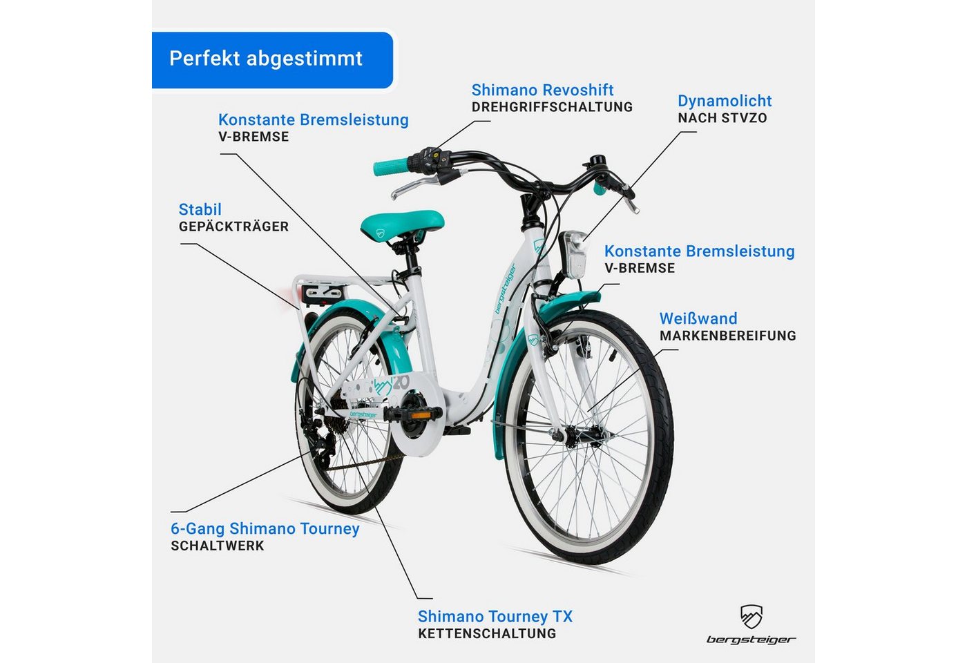 bergsteiger Kinderfahrrad Atlantis 20, 24 Zoll Mädchenfahrrad, 6 - 11 Jahre, StVZO, 6 Gang Shimano Tourney RD-TY300 Schaltwerk, Kettenschaltung, V-Bremse – Bild 5 von 5