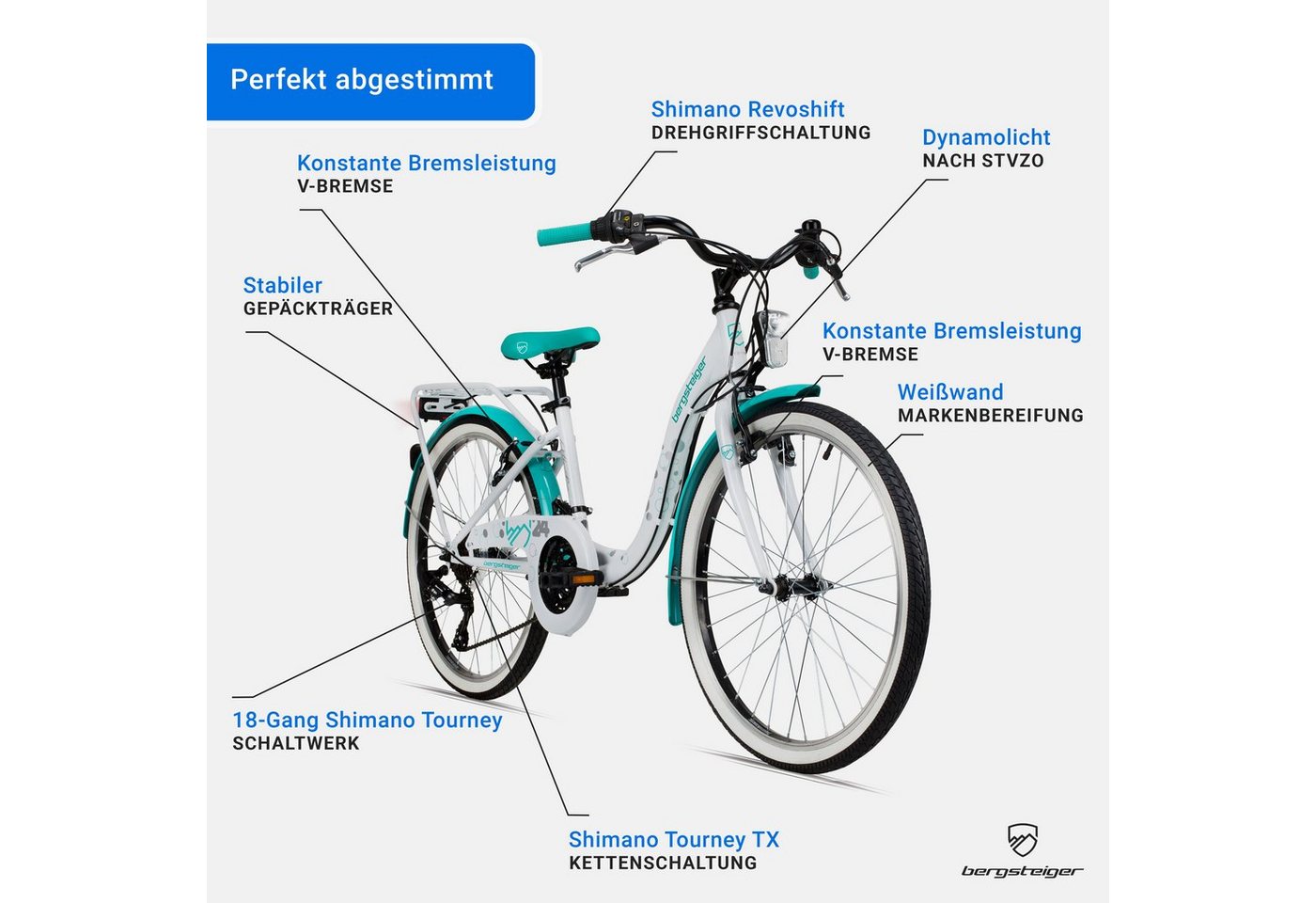 bergsteiger Kinderfahrrad Atlantis 20, 24 Zoll Mädchenfahrrad, 6 - 11 Jahre, StVZO, 18 Gang Shimano Tourney RD-TY300 Schaltwerk, Kettenschaltung, V-Bremse – Bild 5 von 5