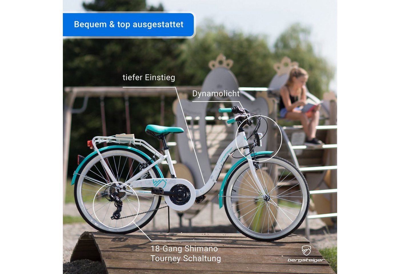 bergsteiger Kinderfahrrad Atlantis 20, 24 Zoll Mädchenfahrrad, 6 - 11 Jahre, StVZO, 18 Gang Shimano Tourney RD-TY300 Schaltwerk, Kettenschaltung, V-Bremse – Bild 3 von 5