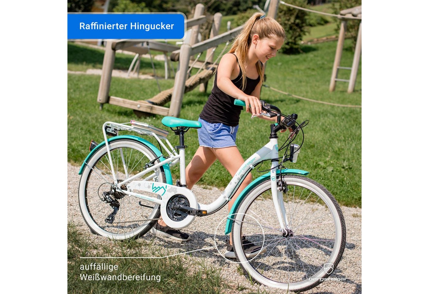 bergsteiger Kinderfahrrad Atlantis 20, 24 Zoll Mädchenfahrrad, 6 - 11 Jahre, StVZO, 18 Gang Shimano Tourney RD-TY300 Schaltwerk, Kettenschaltung, V-Bremse – Bild 4 von 5