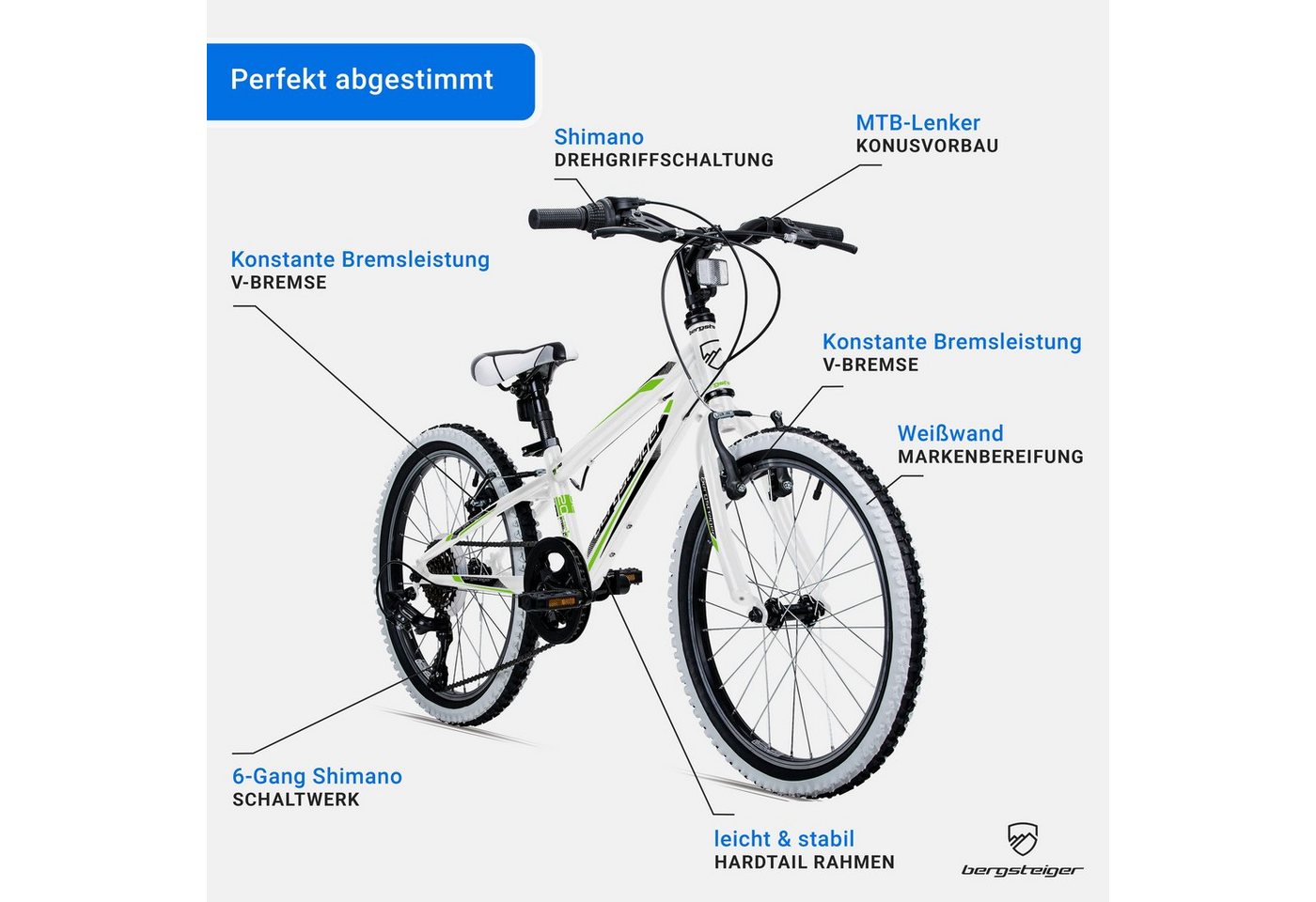 bergsteiger Kinderfahrrad Kansas 20, 24 Zoll, 6, 7, 8, 9, 10, 11 Jahre, Mädchen, Jungen, 6 Gang Shimano Tourney RD-TY300 Schaltwerk, Kettenschaltung, V-Brakes – Bild 5 von 5