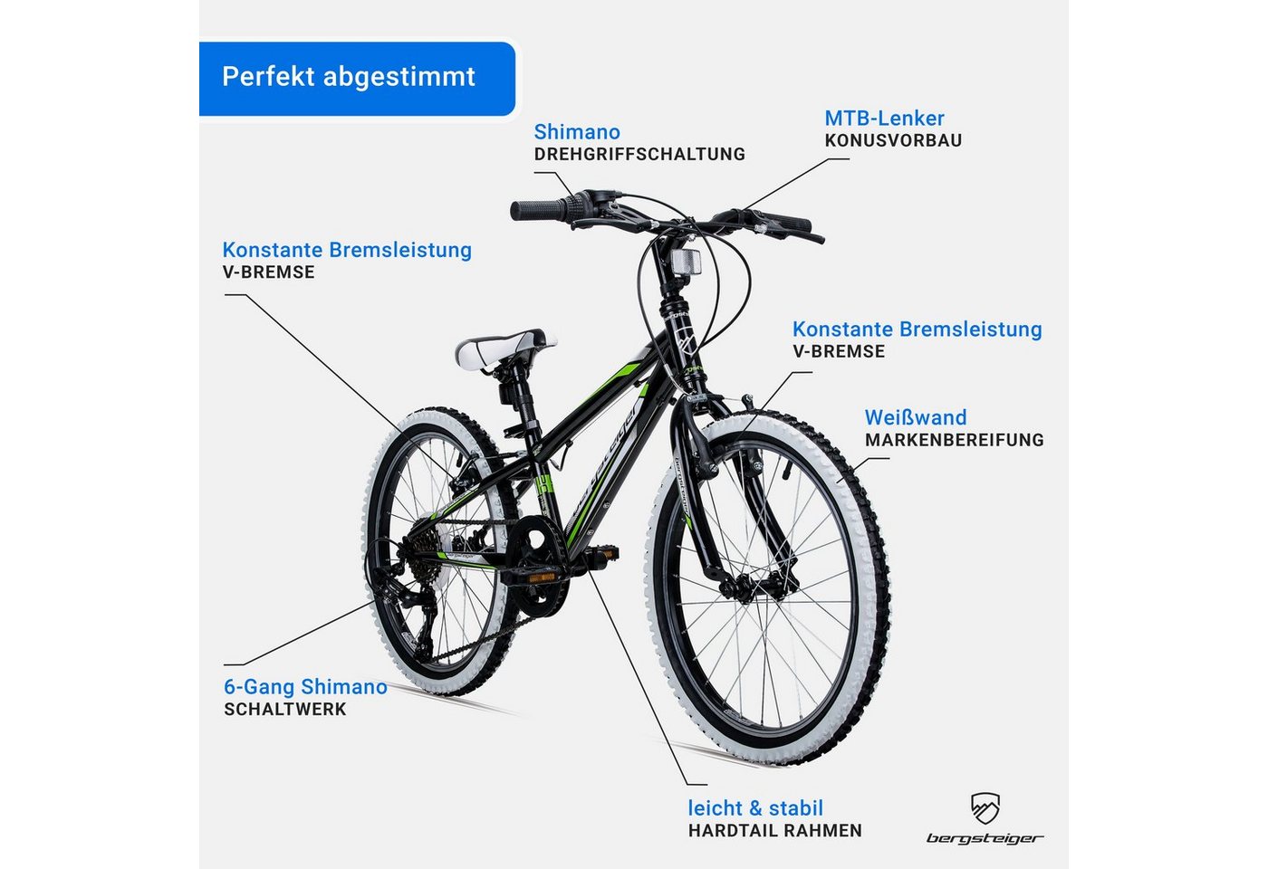 bergsteiger Kinderfahrrad Kansas 20, 24 Zoll, 6, 7, 8, 9, 10, 11 Jahre, Mädchen, Jungen, 6 Gang Shimano Tourney RD-TY300 Schaltwerk, Kettenschaltung, V-Brakes – Bild 5 von 5