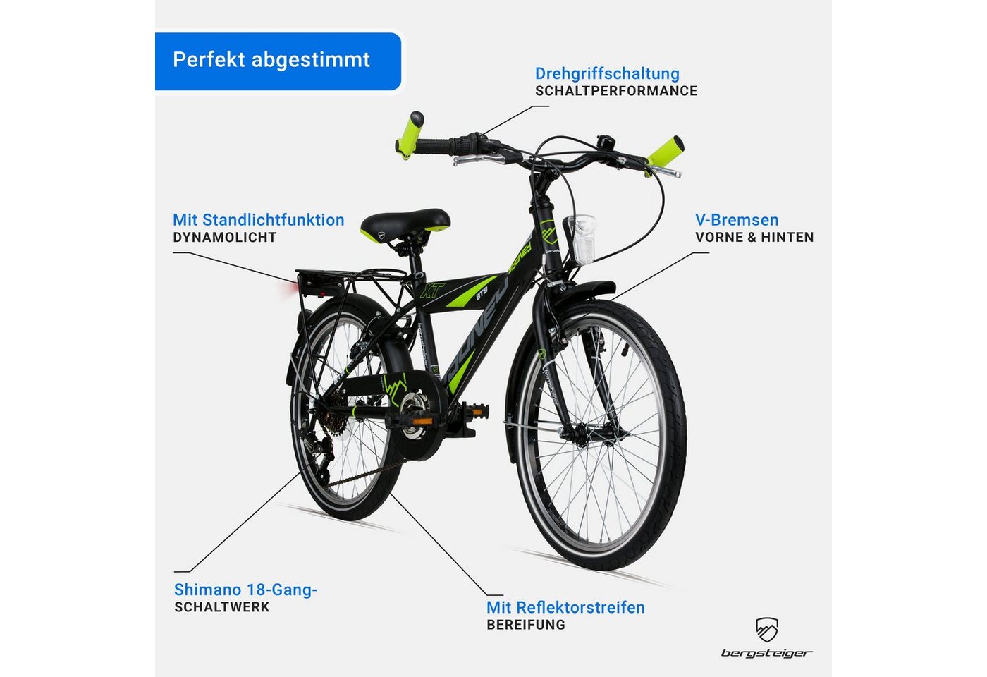 bergsteiger Kinderfahrrad Sydney 20, 24 Zoll, 6 - 9 Jahre, StVZO, Mädchen, Jungen, 18 Gang Shimano Tourney RD-TY300 Schaltwerk, Kettenschaltung, V-Bremsen, Dyna – Bild 5 von 5
