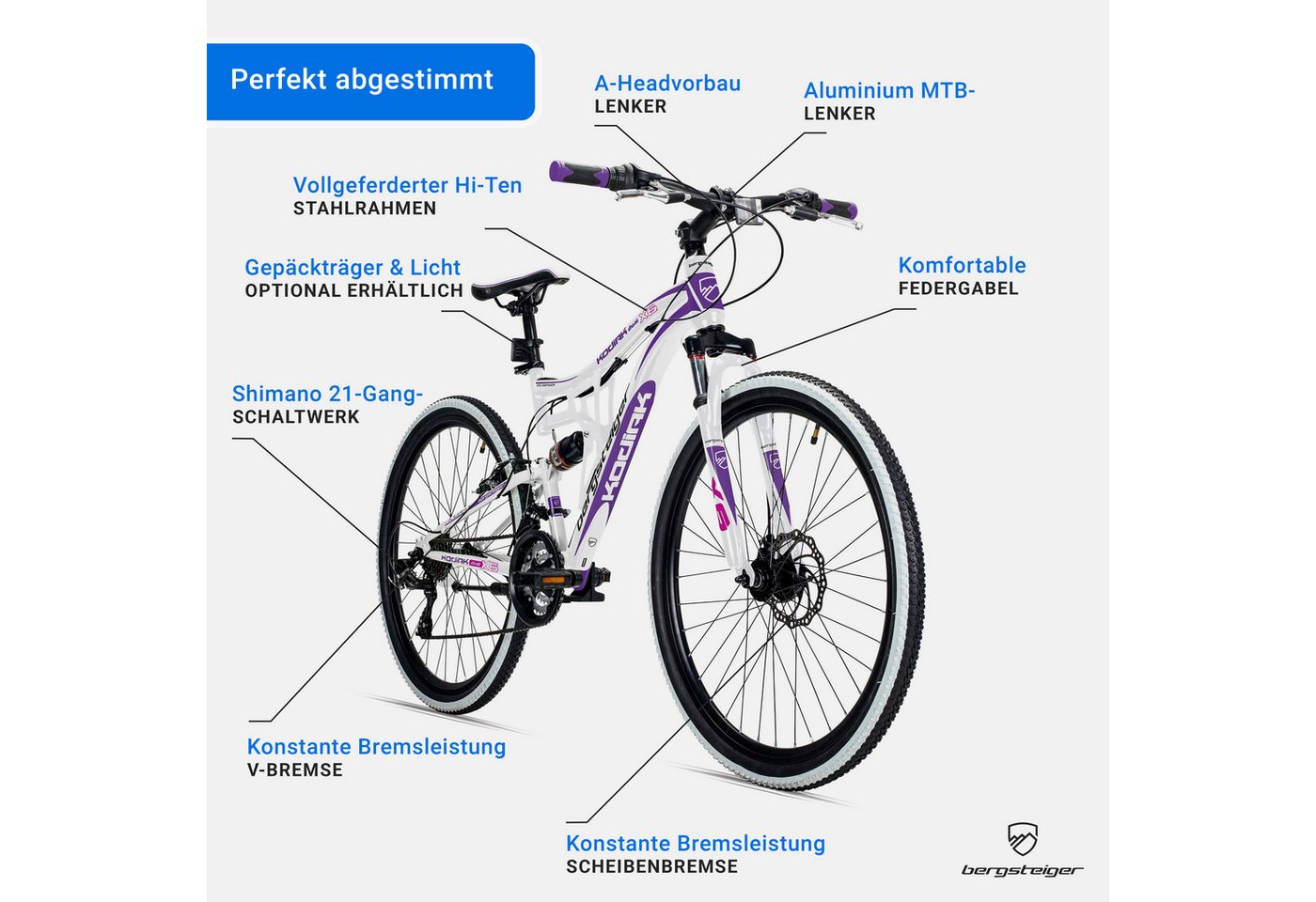 bergsteiger Mountainbike Kodiak 26, 29 Zoll Mountainbike, geeignet ab 150 cm, Damen, Herren, 21 Gang Shimano Tourney RD-TY300 Schaltwerk, Kettenschaltung, V-Bre – Bild 5 von 5
