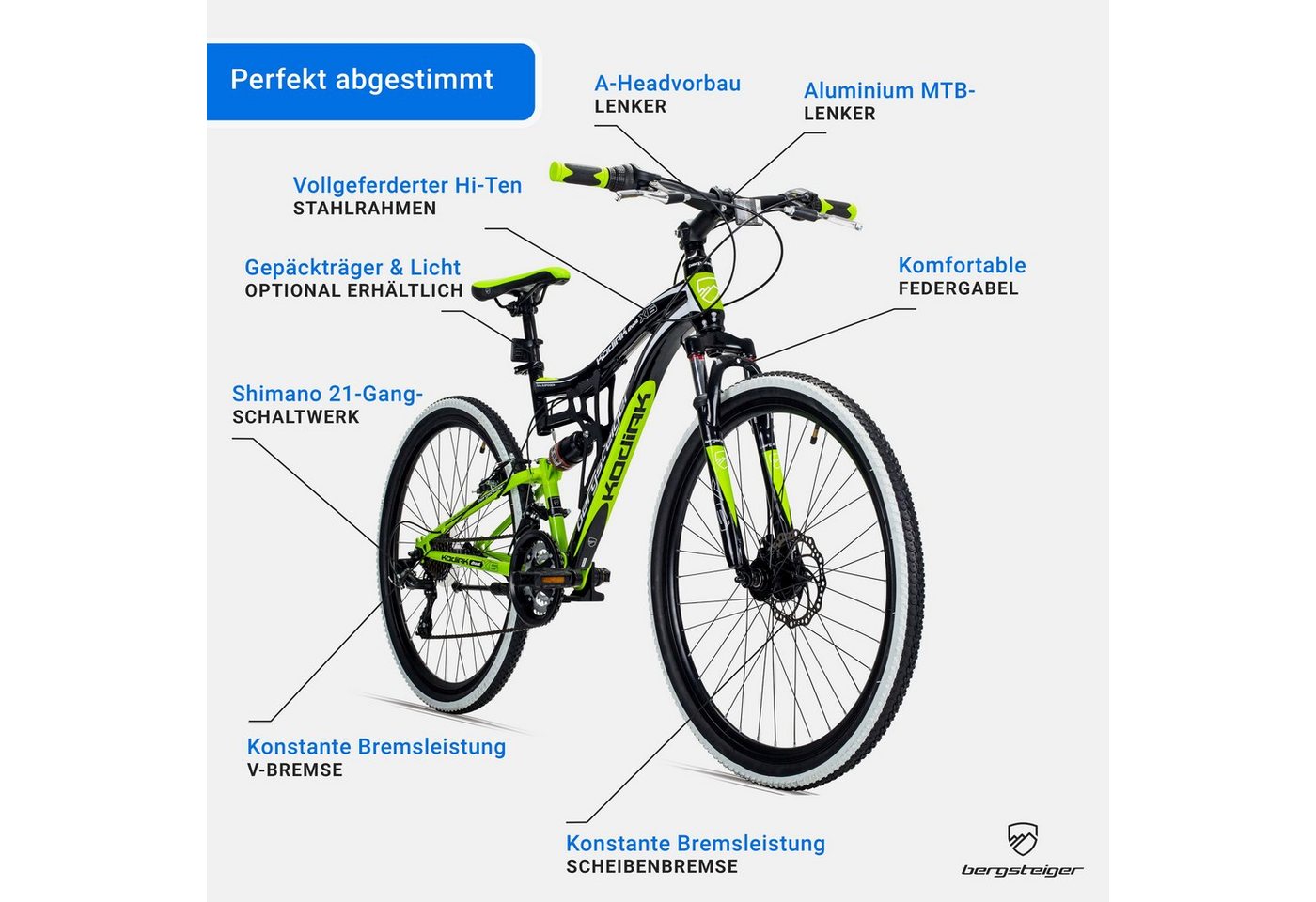 bergsteiger Mountainbike Kodiak 26, 29 Zoll Mountainbike, geeignet ab 150 cm, Damen, Herren, 21 Gang Shimano Tourney RD-TY300 Schaltwerk, Kettenschaltung, V-Bre – Bild 5 von 5