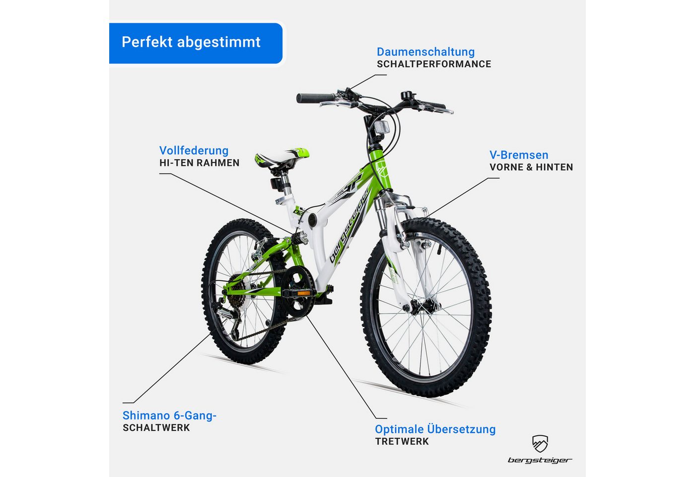 bergsteiger Mountainbike Montreal 20, 24 Zoll Kinderfahrrad, 6 - 13 Jahre, Mädchen, Jungen, 6 Gang Shimano Tourney RD-TY21 Schaltwerk, Kettenschaltung, Scheiben – Bild 5 von 5