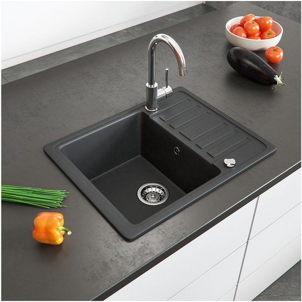 Bergstroem Granitspüle, Schwarz, 58 x 46 cm mit Trockenplatz, Rechteckig, 57.5/46 cm, beidseitig montierbar, (1 St)