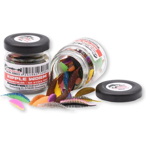 BernhStein Kunstköder Ripple Wurm 35 oder 50mm im Twist-Off Glas mit Aroma Forellenköder, (52-St)