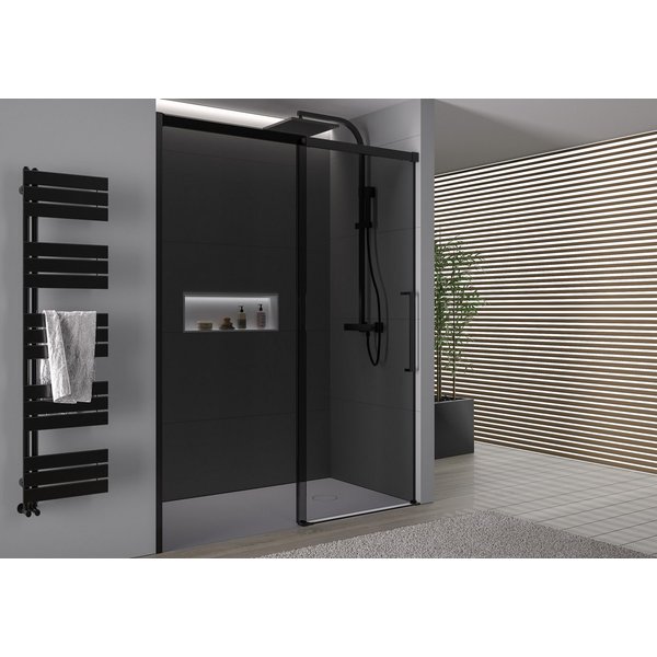 Bernstein Duschwand DX906 FLEX, Einscheibensicherheitsglas (ESG), (1 tlg), Soft-Close-Schiebetür, graues Glas, Schwarz matt